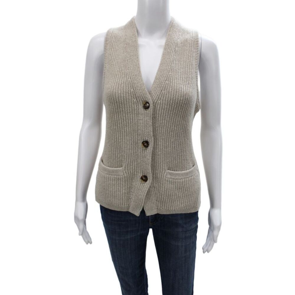 White + Warren Women Beige V-Neck Sweater Vest Sleeveless Solid Size M